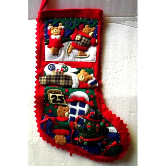 Vintage Finished/Completed 18" Felt Christmas Stocking - Teddy Bears - Picture 1 of 6